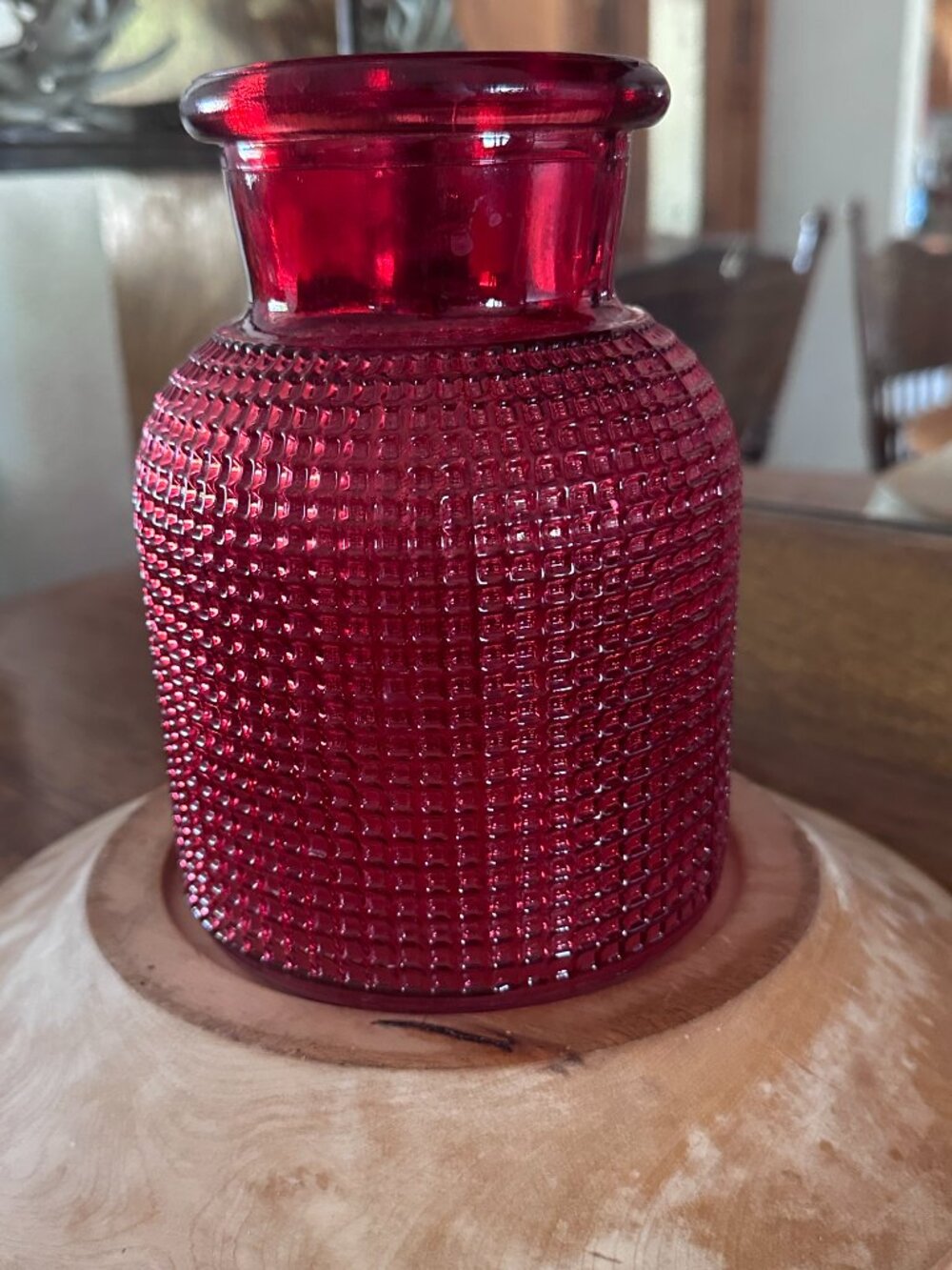 AEG Lulu Red Glass Vase Jar Flair Rim Textured Grid Pattern Signed 1970s